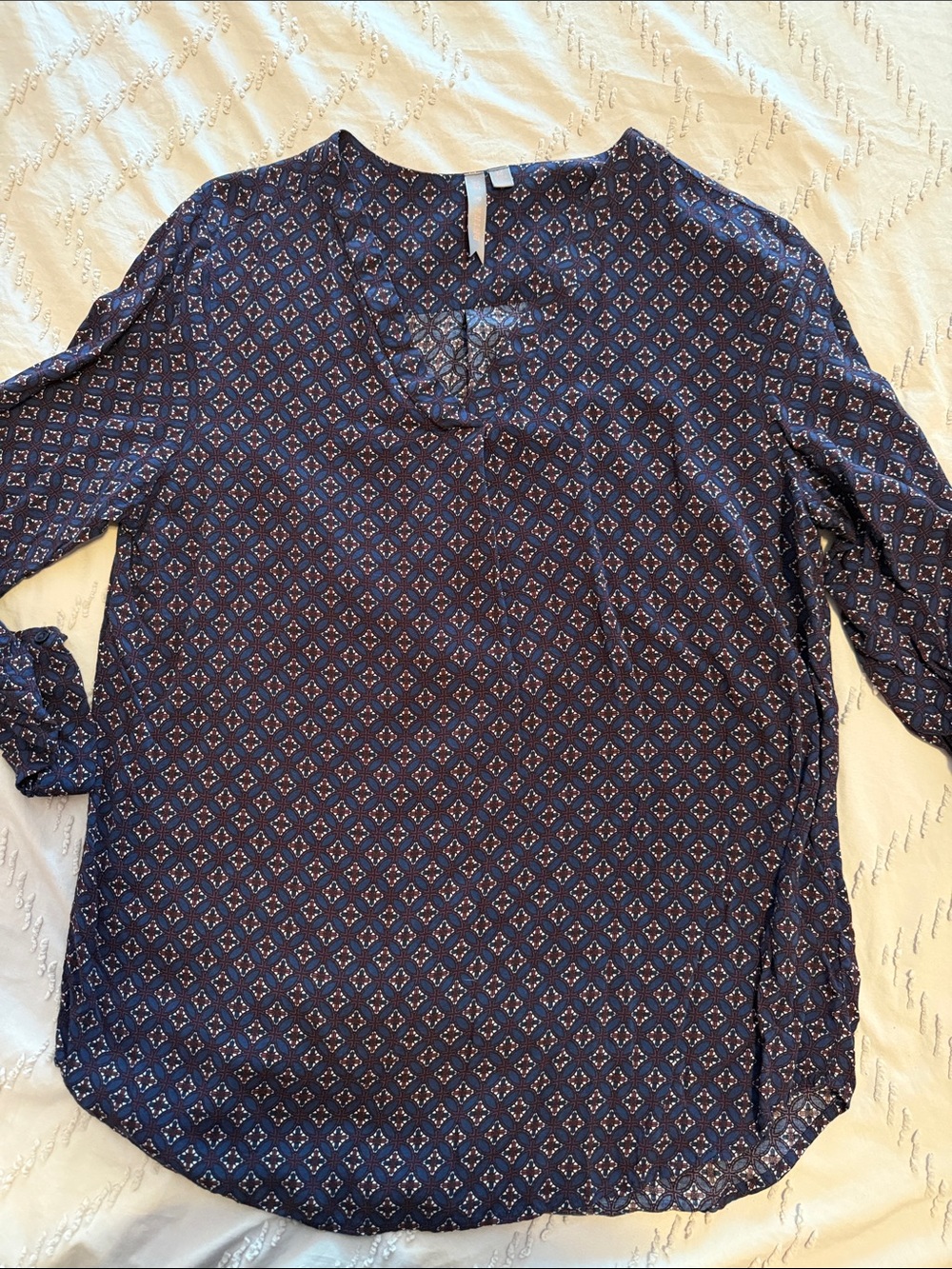 Navy Geometric V-Neck Blouse